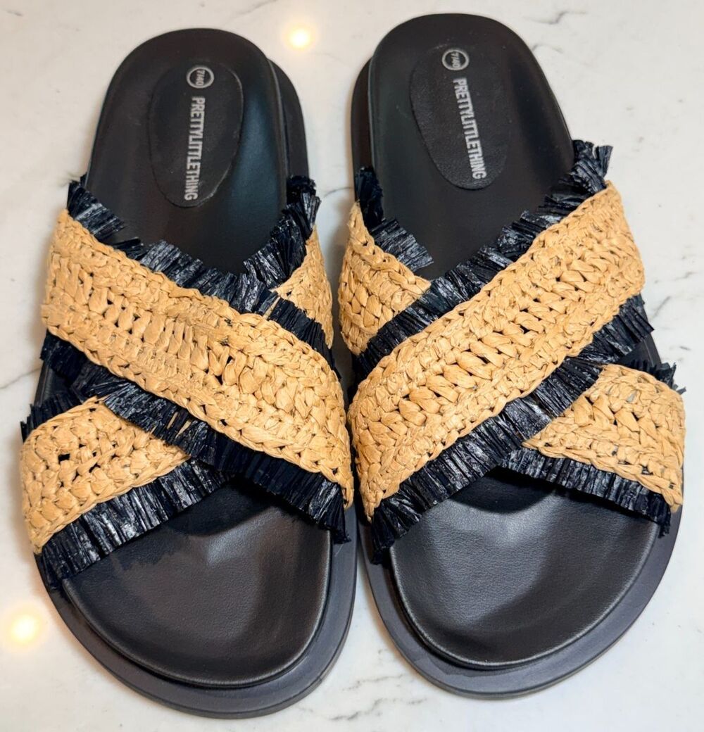 Pretty Little Thing Black Criss Cross Woven W/Blk Raffia Strappy Sandal Size 9